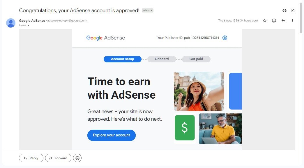 Google AdSense account approved confirmation email